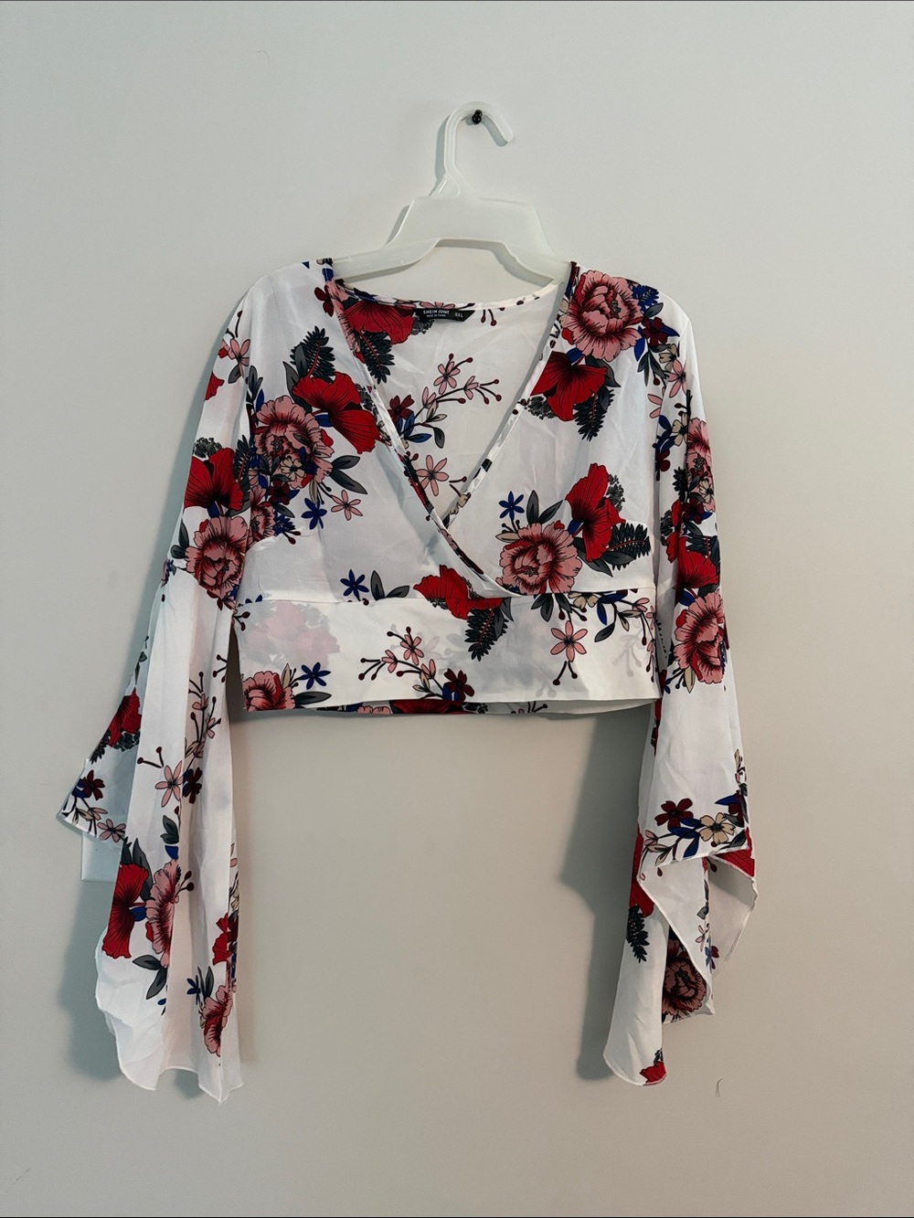 SHEIN White Floral Wrap Crop Top with Red Rose Print